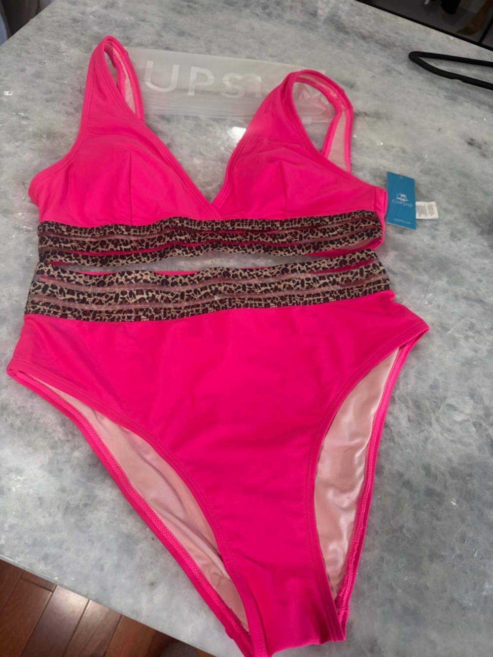 Cupshe Hot Pink One-Piece Swimsuit with Leopard Mesh Waist